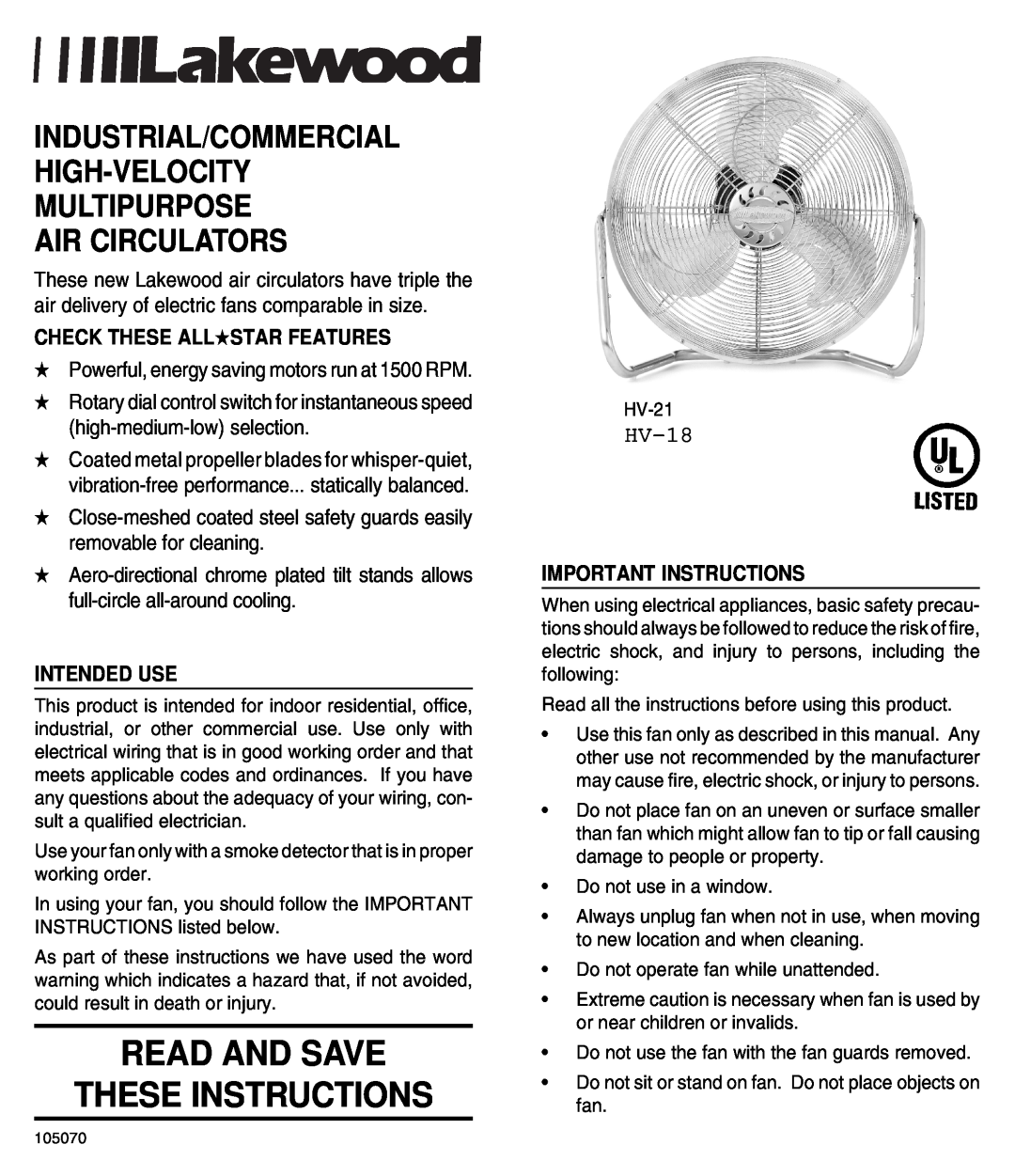 Lakewood Engineering HV-21 manual Read And Save These Instructions, Air Circulators, Check These Allstar Features, HV-18 