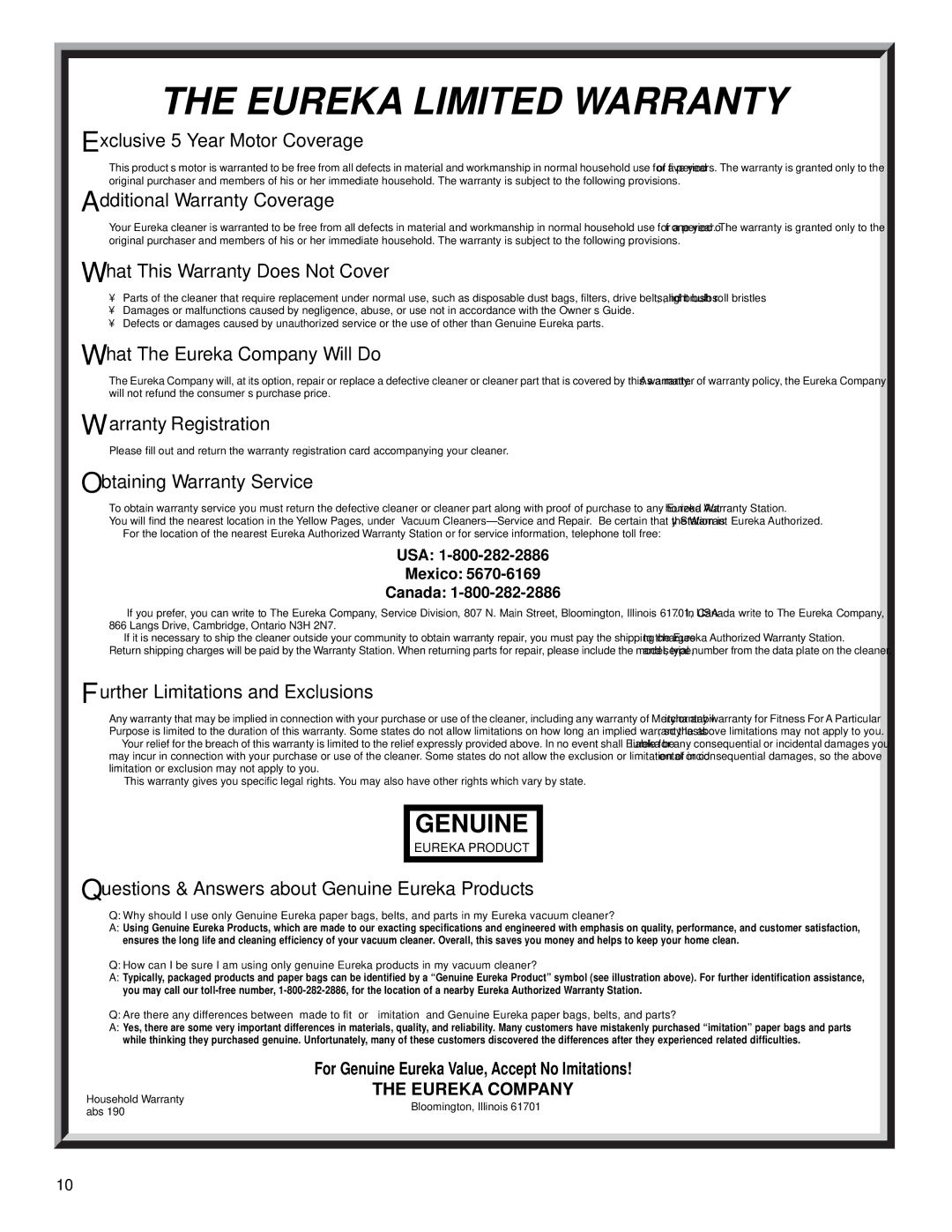 Lance Industries 6999, 6997 warranty Eureka Limited Warranty, USA Mexico Canada 