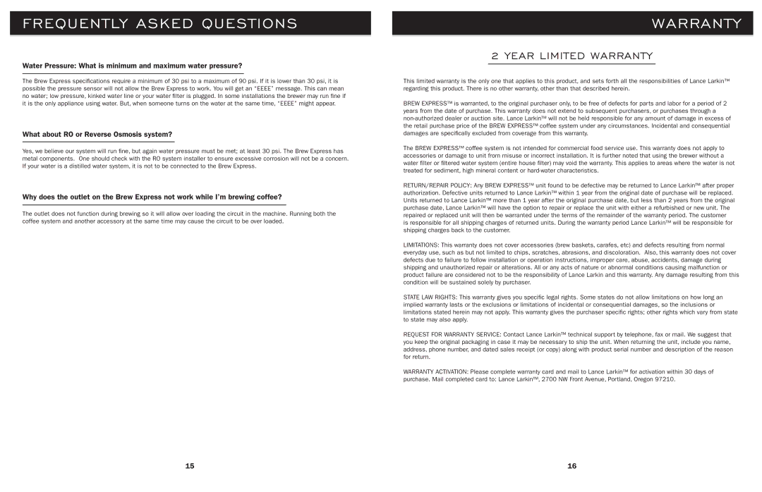 Lance-Larkin BE-112 Water Pressure What is minimum and maximum water pressure?, What about RO or Reverse Osmosis system? 