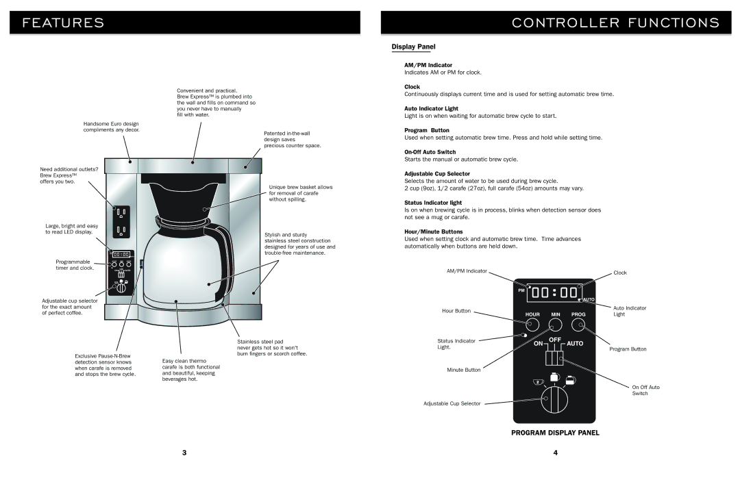 Lance-Larkin BE-112 manual EAT Ures, Controller FU Nctions, Program Display Panel 