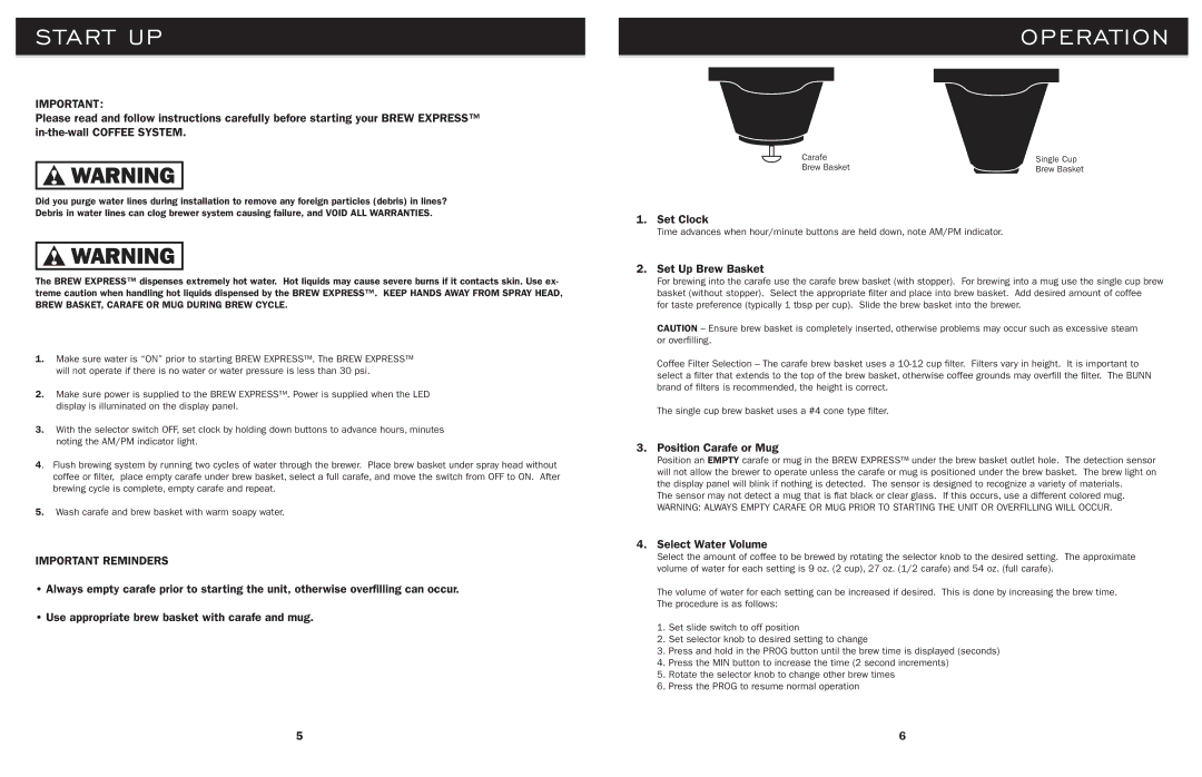 Lance-Larkin BE-112 manual Start UP, Set Clock, Set Up Brew Basket, Position Carafe or Mug, Select Water Volume 
