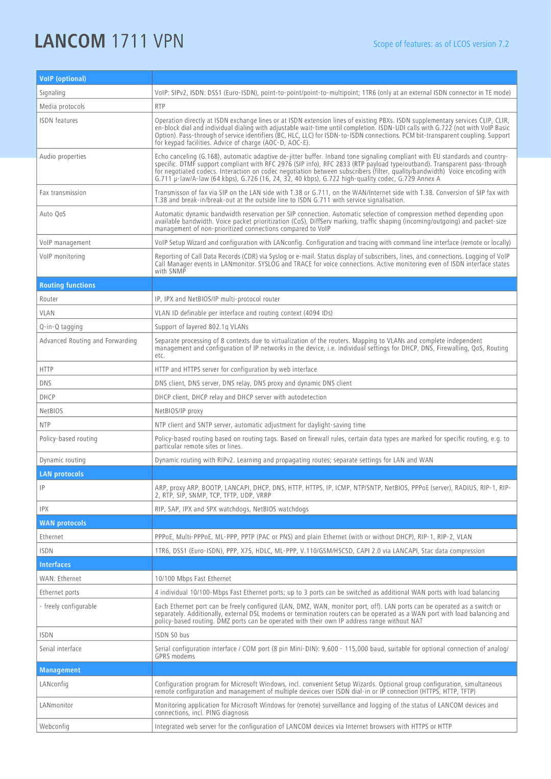 Lancom Systems 1711 manual Routing functions, LAN protocols, WAN protocols, Interfaces, Management 