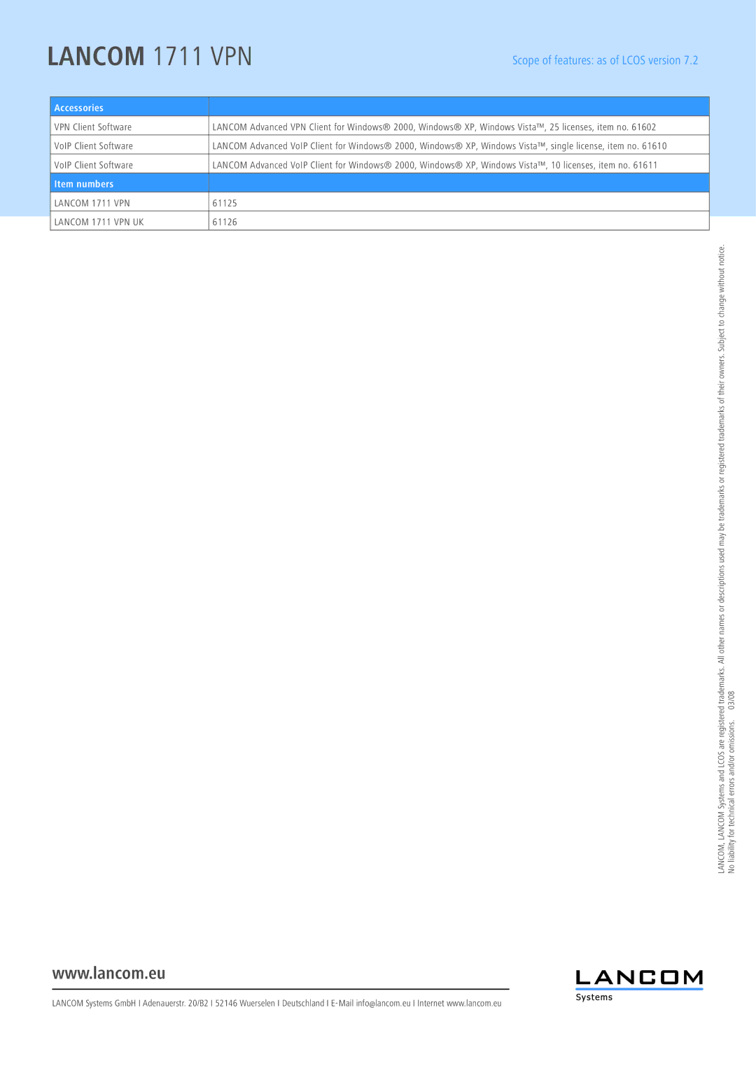 Lancom Systems 1711 manual VoIP Client Software, 61125, Vpn Uk, 61126 