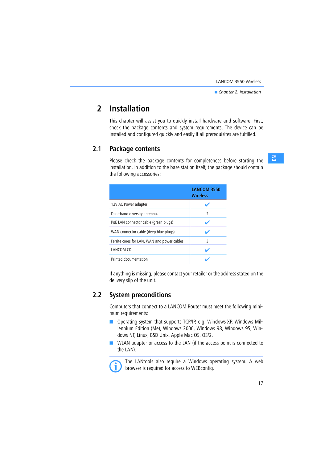 Lancom Systems 3550 manual Installation, Package contents, System preconditions 