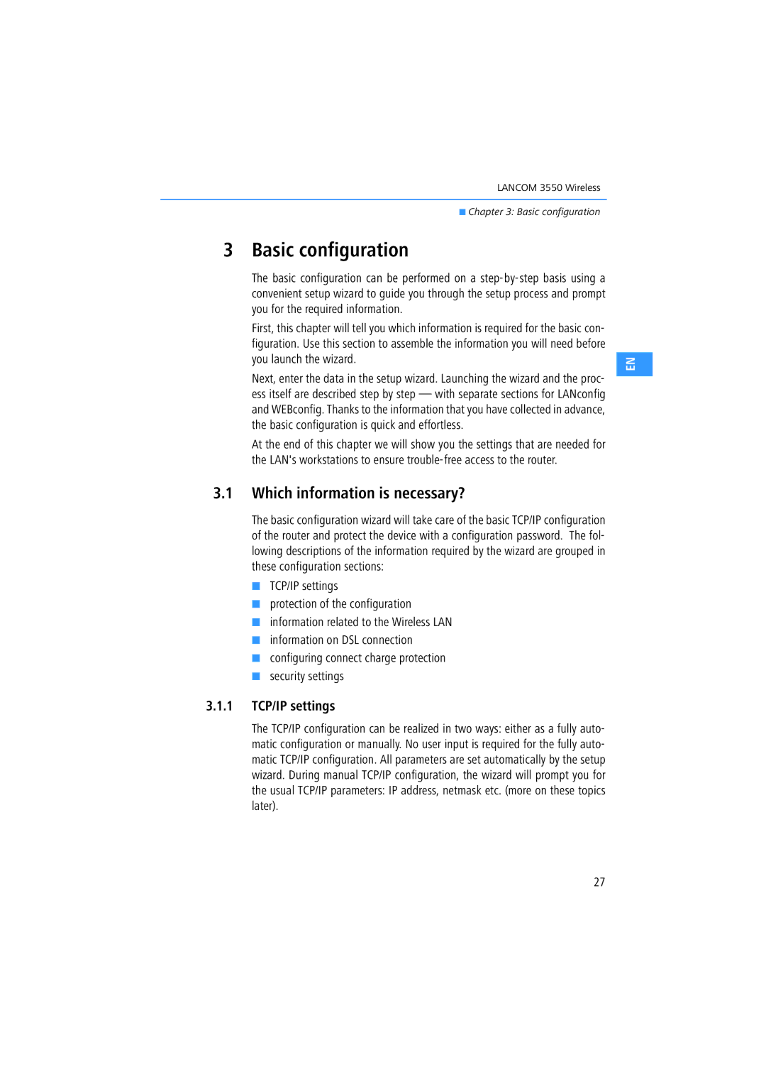 Lancom Systems 3550 manual Basic configuration, Which information is necessary?, 1 TCP/IP settings 