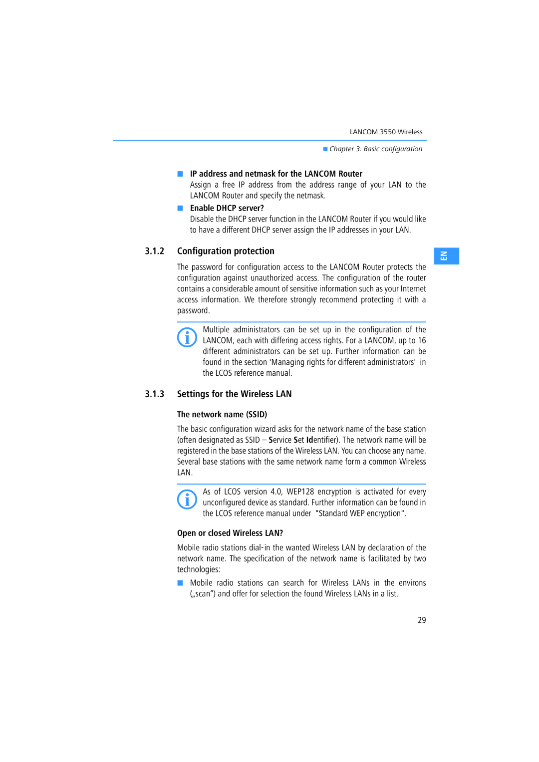 Lancom Systems 3550 manual Configuration protection, Settings for the Wireless LAN 