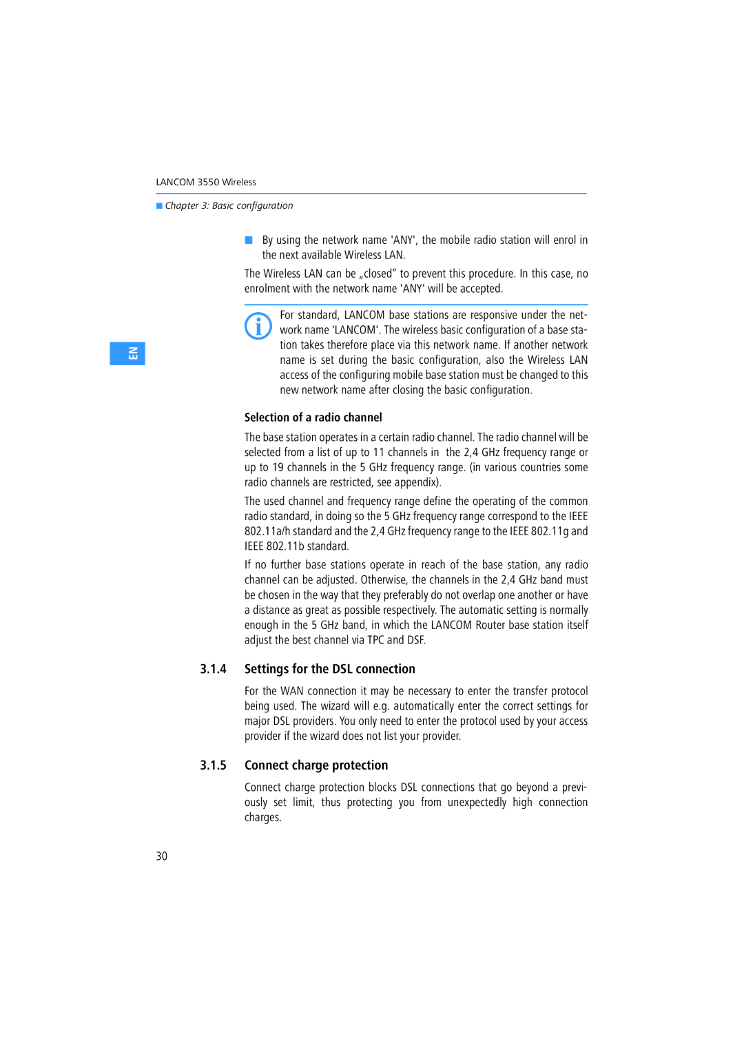 Lancom Systems 3550 manual Settings for the DSL connection, Connect charge protection, Selection of a radio channel 