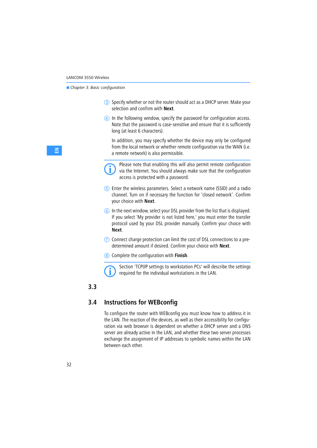 Lancom Systems 3550 manual Instructions for WEBconfig, Complete the configuration with Finish 