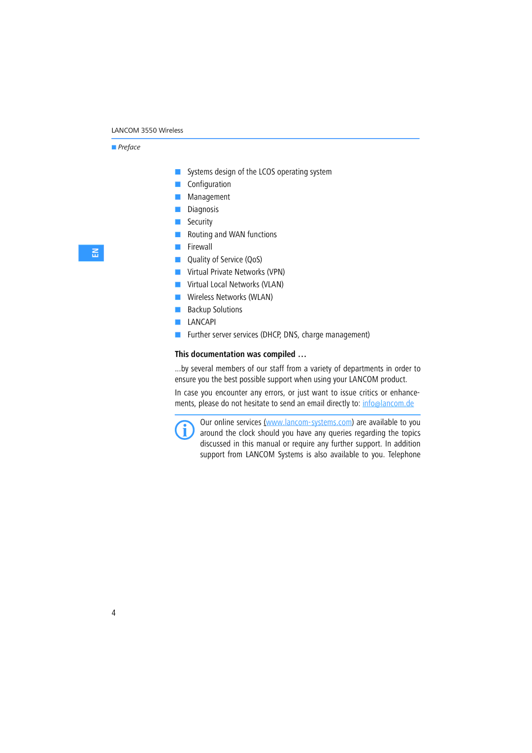 Lancom Systems 3550 manual Further server services DHCP, DNS, charge management, This documentation was compiled … 