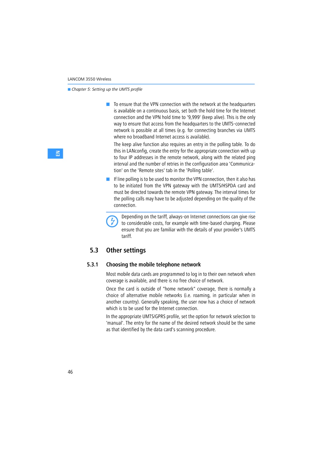 Lancom Systems 3550 manual Other settings, Choosing the mobile telephone network 