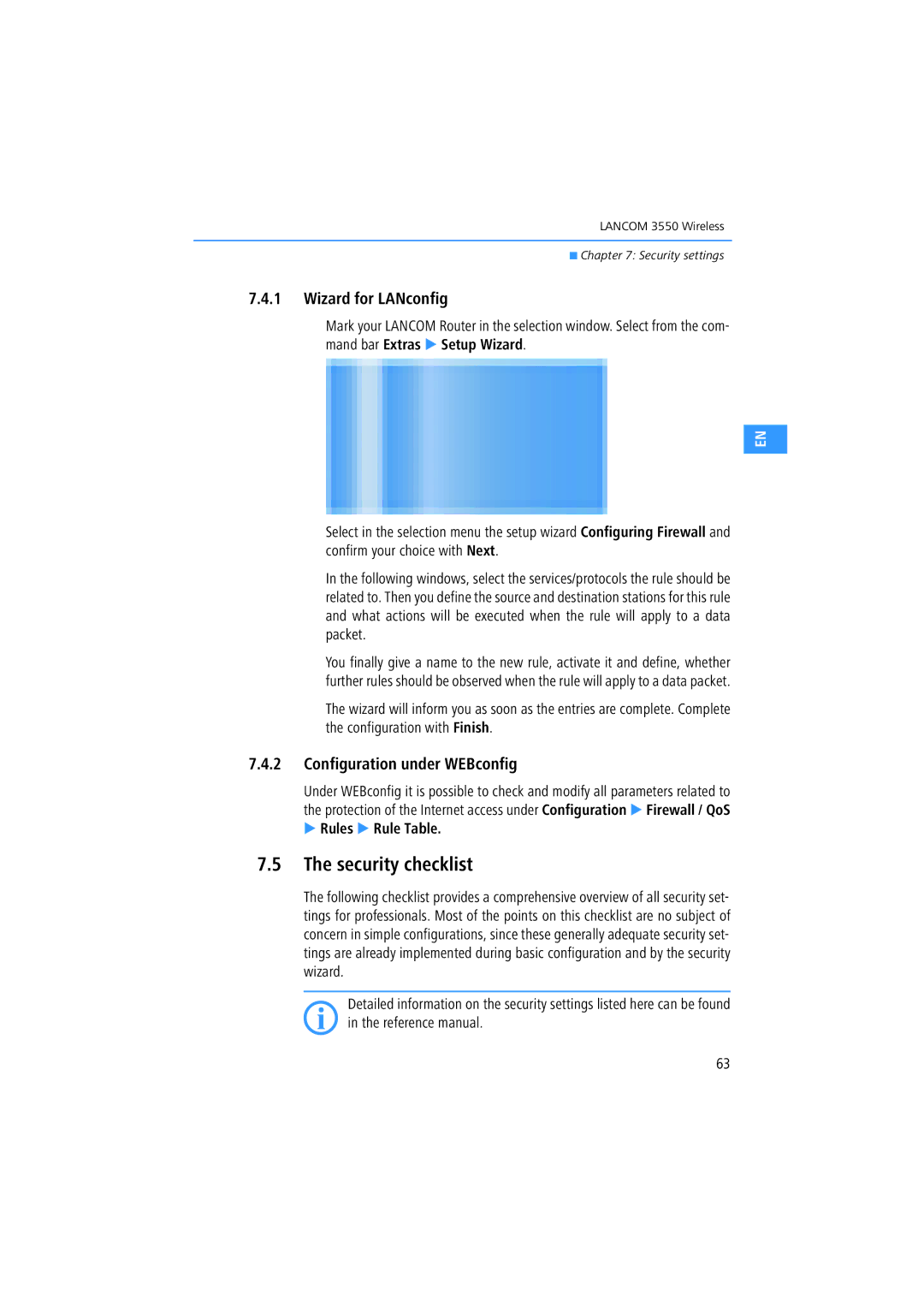 Lancom Systems 3550 manual Security checklist, Configuration under WEBconfig, Rules 