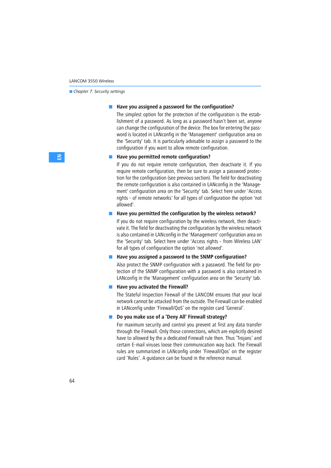 Lancom Systems 3550 manual Have you assigned a password for the configuration?, Have you permitted remote configuration? 