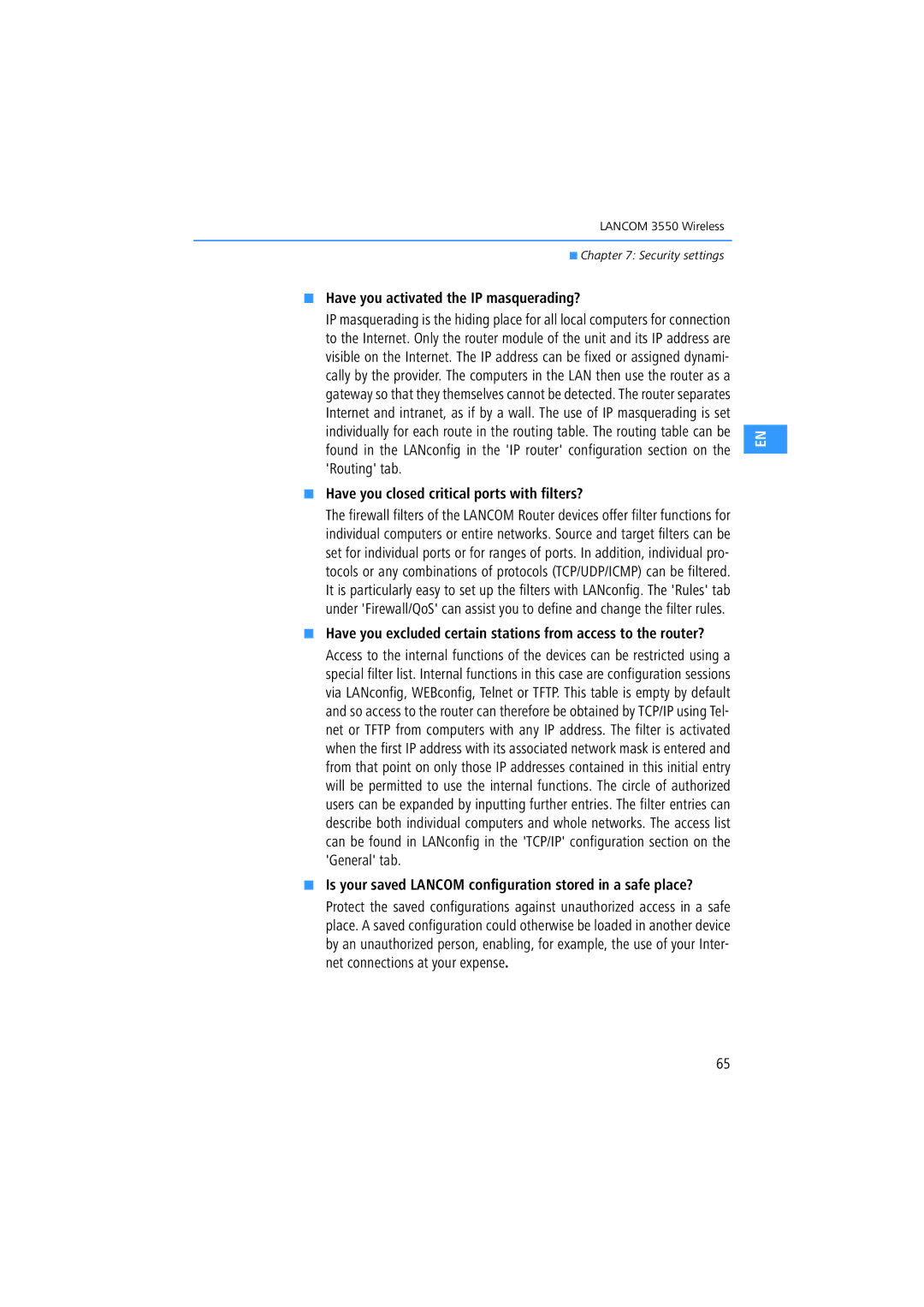 Lancom Systems 3550 manual Have you activated the IP masquerading?, Have you closed critical ports with filters? 