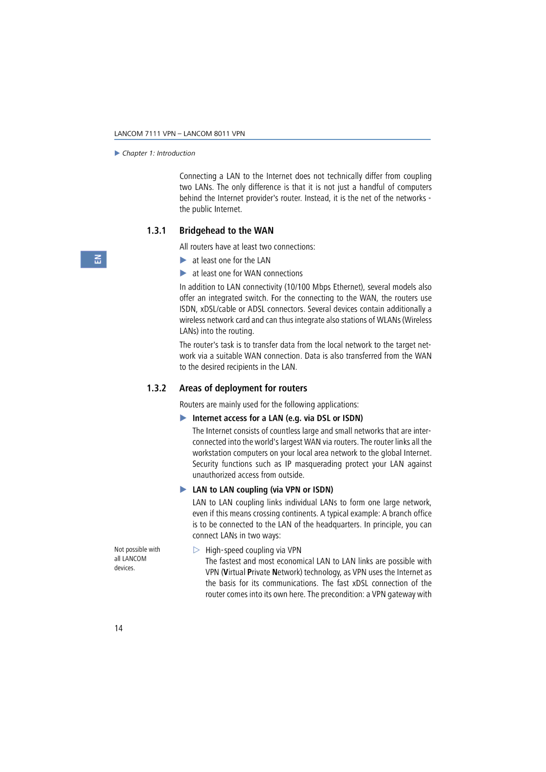 Lancom Systems 8011 VPN manual Bridgehead to the WAN, Areas of deployment for routers, LAN to LAN coupling via VPN or Isdn 