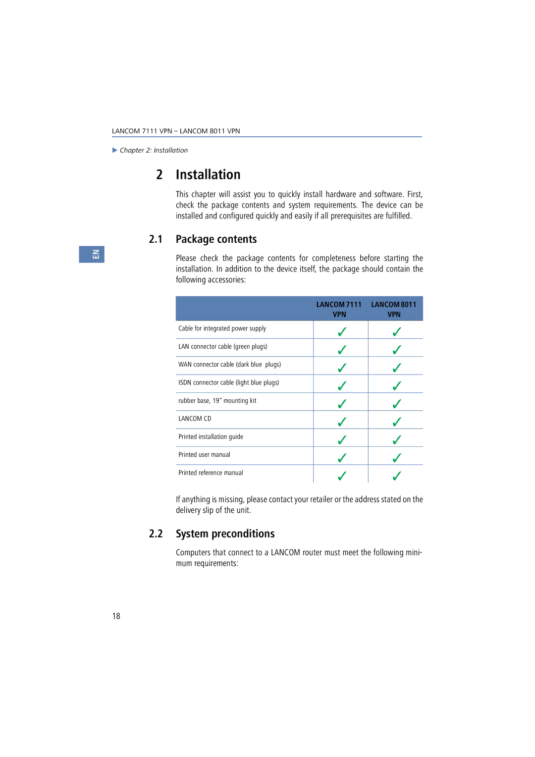 Lancom Systems 8011 VPN, 7111 VPN manual Installation, Package contents, System preconditions 