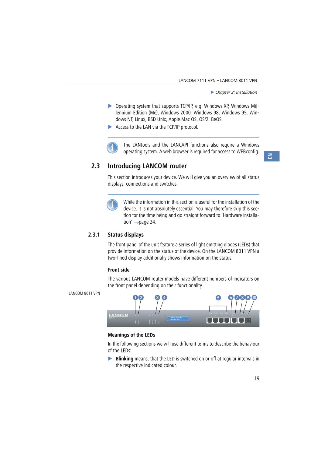 Lancom Systems 7111 VPN Introducing Lancom router, Status displays, Access to the LAN via the TCP/IP protocol, Front side 