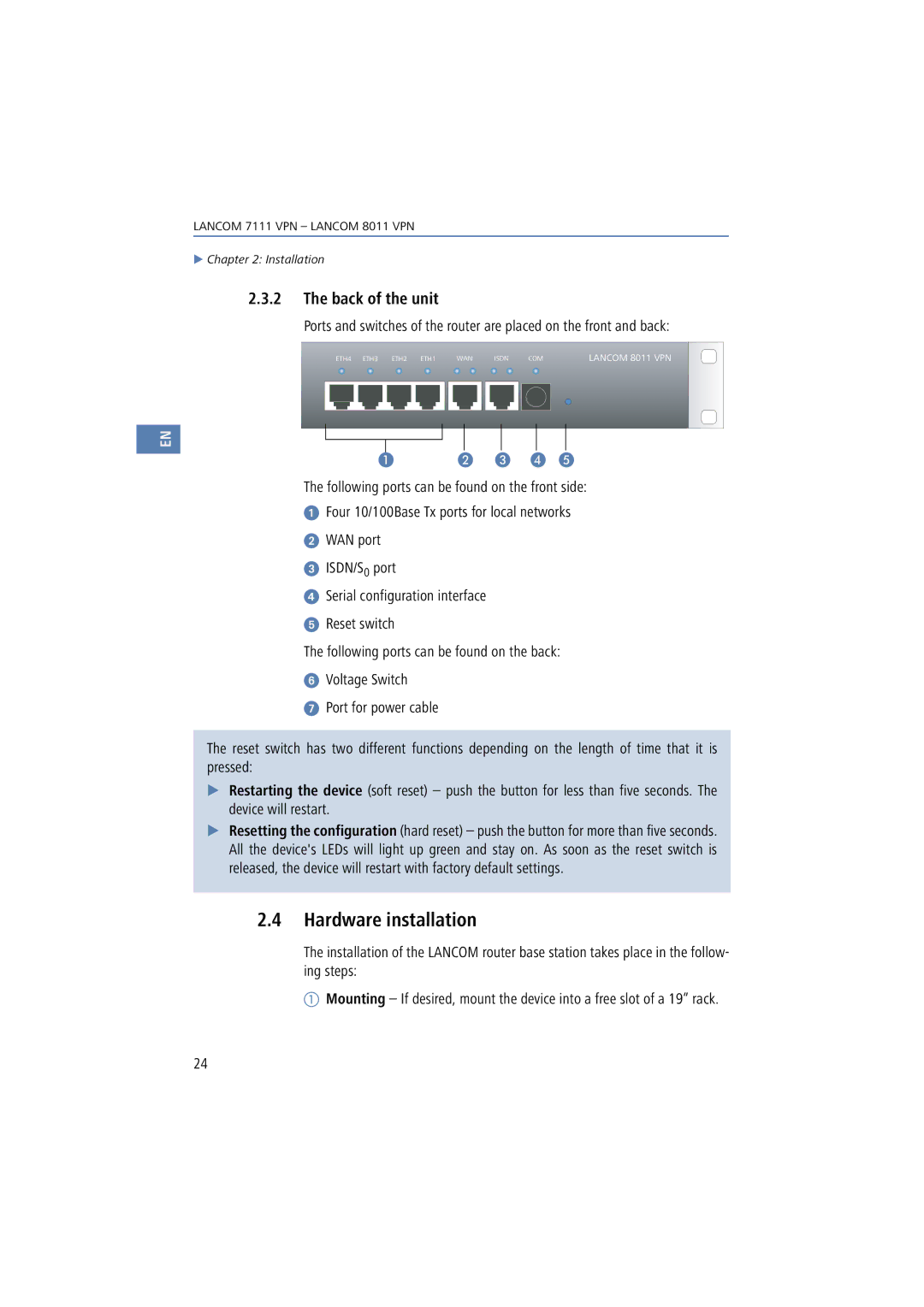 Lancom Systems 8011 VPN, 7111 VPN manual Hardware installation, Back of the unit 