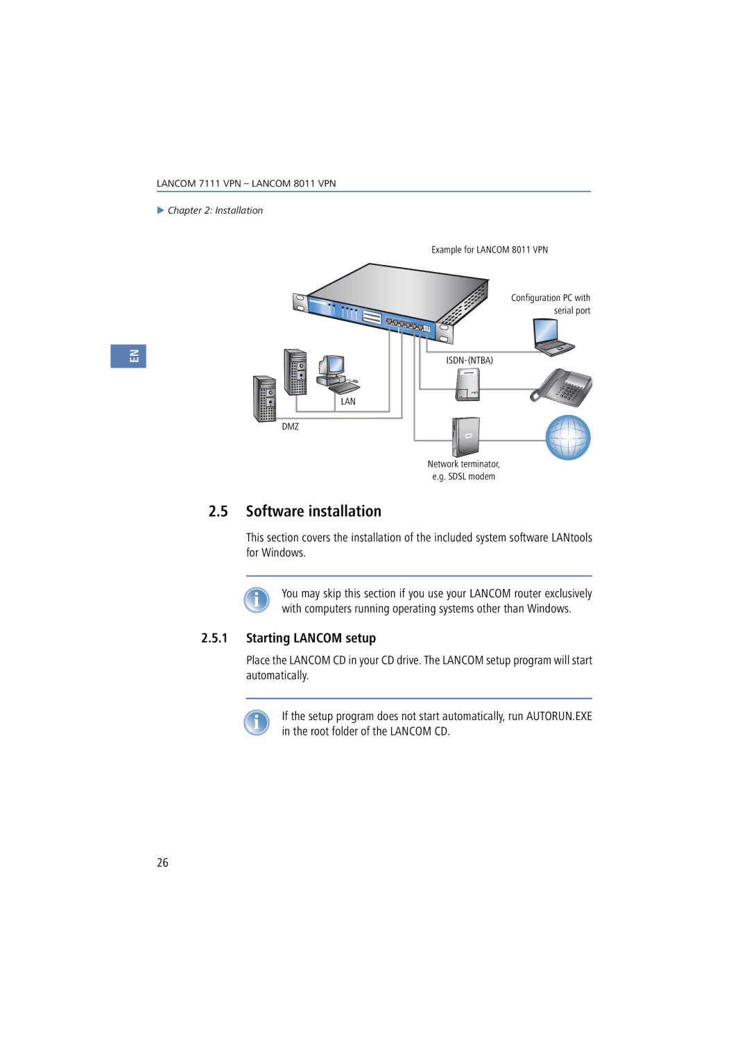 Lancom Systems 8011 VPN, 7111 VPN manual Software installation, Starting Lancom setup 