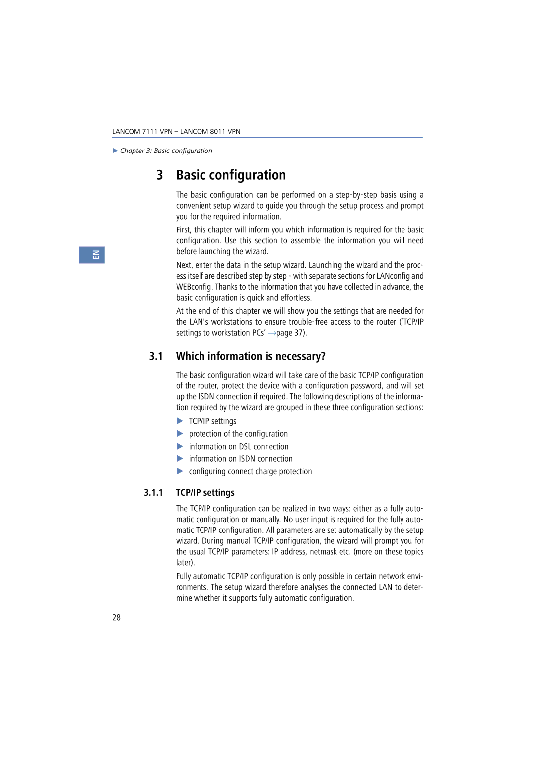Lancom Systems 8011 VPN, 7111 VPN manual Basic configuration, Which information is necessary?, 1 TCP/IP settings 