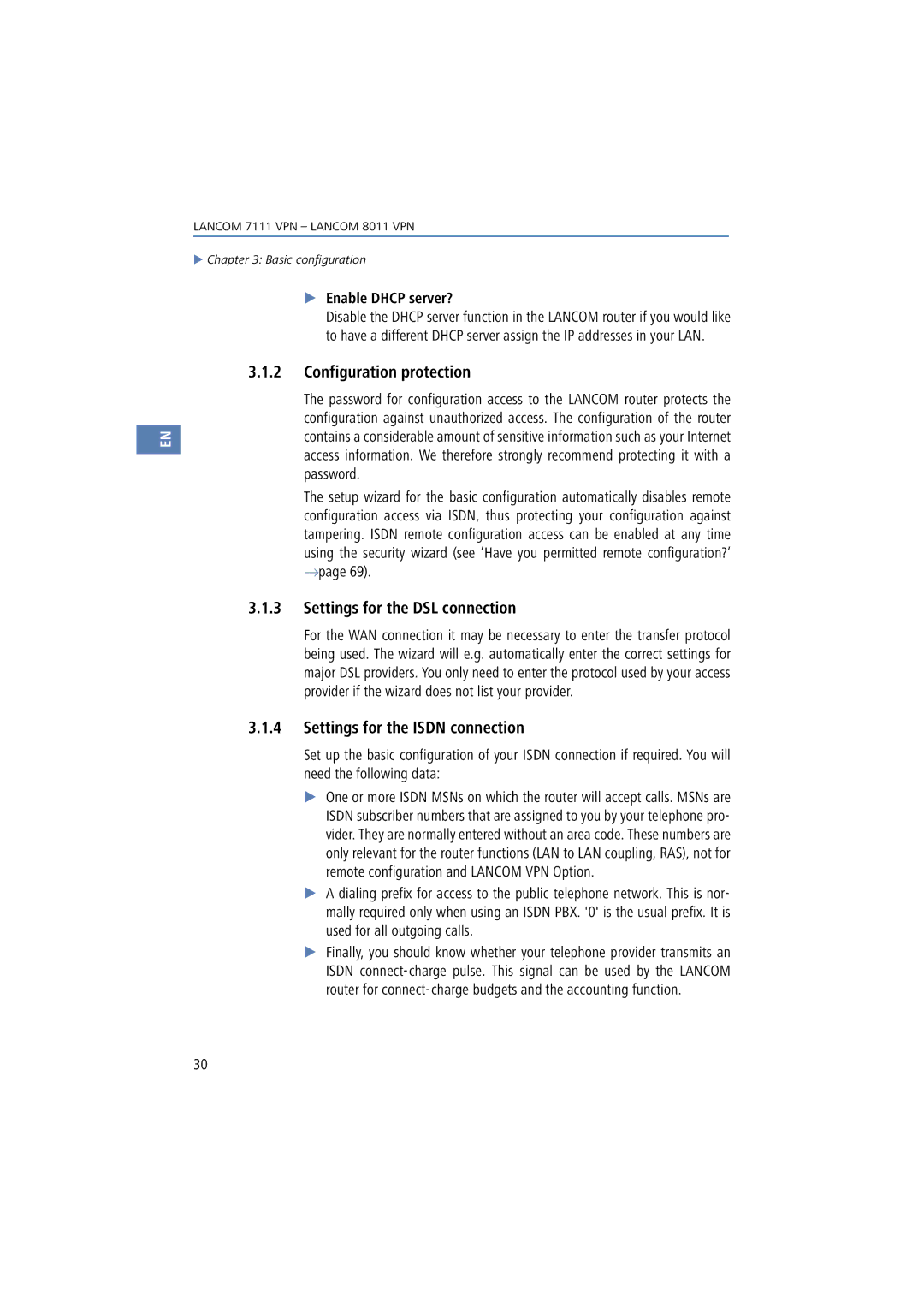 Lancom Systems 8011 VPN manual Configuration protection, Settings for the DSL connection, Settings for the Isdn connection 