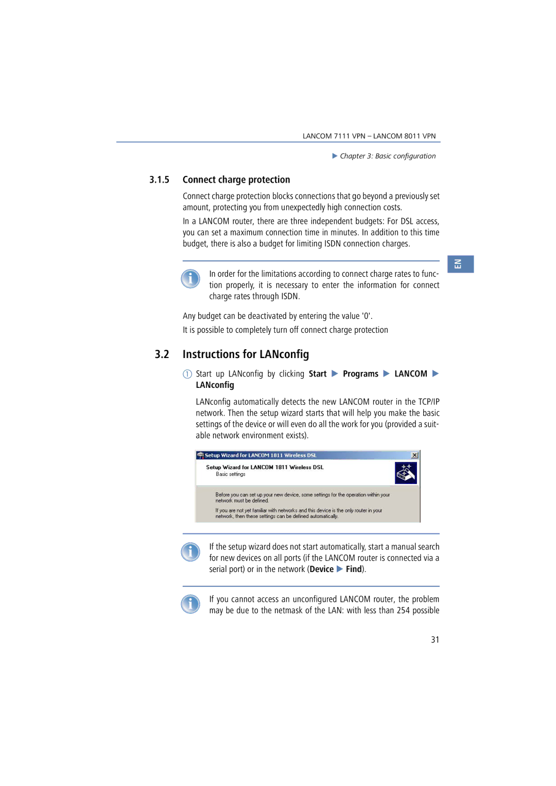 Lancom Systems 7111 VPN, 8011 VPN manual Instructions for LANconfig, Connect charge protection 