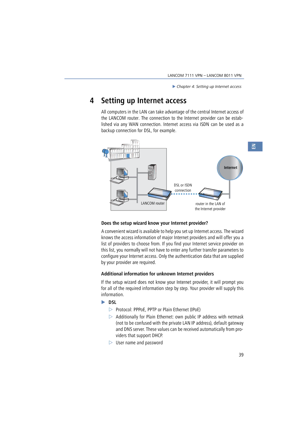 Lancom Systems 7111 VPN, 8011 VPN manual Setting up Internet access, Does the setup wizard know your Internet provider? 