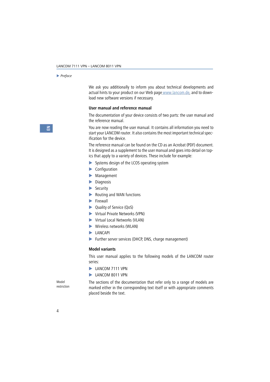 Lancom Systems 8011 VPN, 7111 VPN manual Model variants 