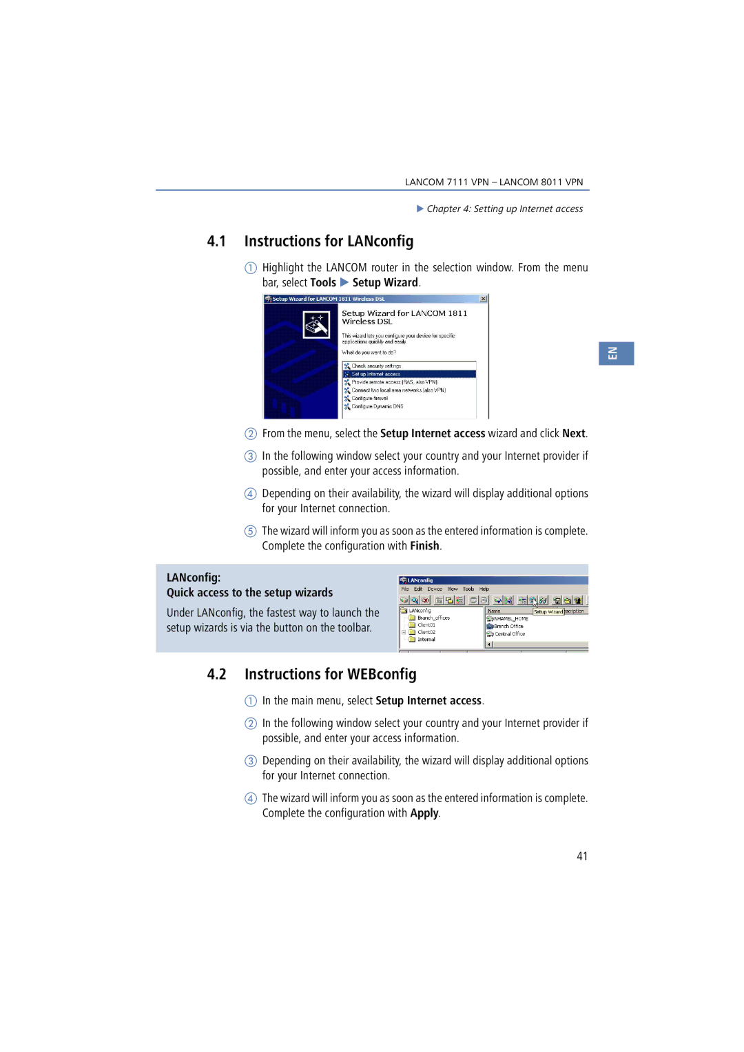 Lancom Systems 7111 VPN, 8011 VPN manual LANconfig Quick access to the setup wizards, Complete the configuration with Apply 