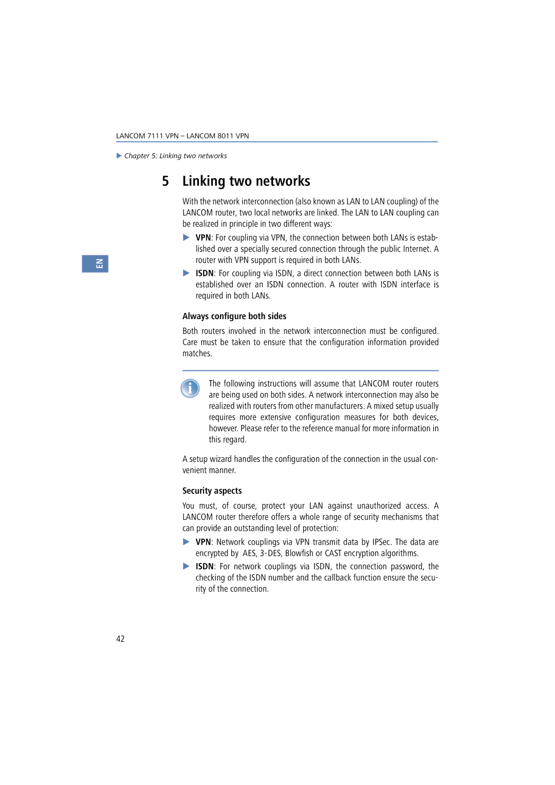 Lancom Systems 8011 VPN, 7111 VPN manual Linking two networks, Always configure both sides, Security aspects 