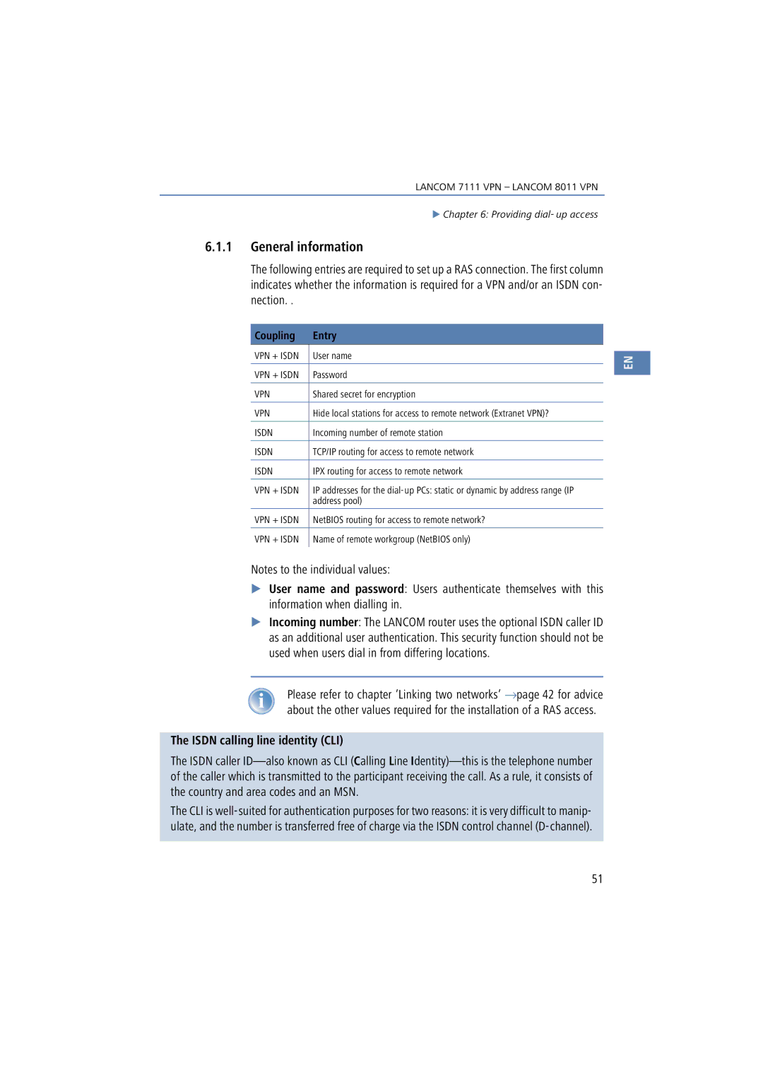 Lancom Systems 7111 VPN, 8011 VPN manual Isdn calling line identity CLI, Coupling Entry 