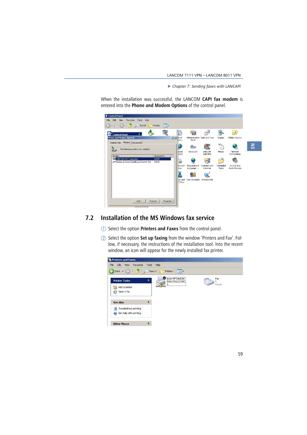 Lancom Systems 7111 VPN, 8011 VPN manual Installation of the MS Windows fax service 