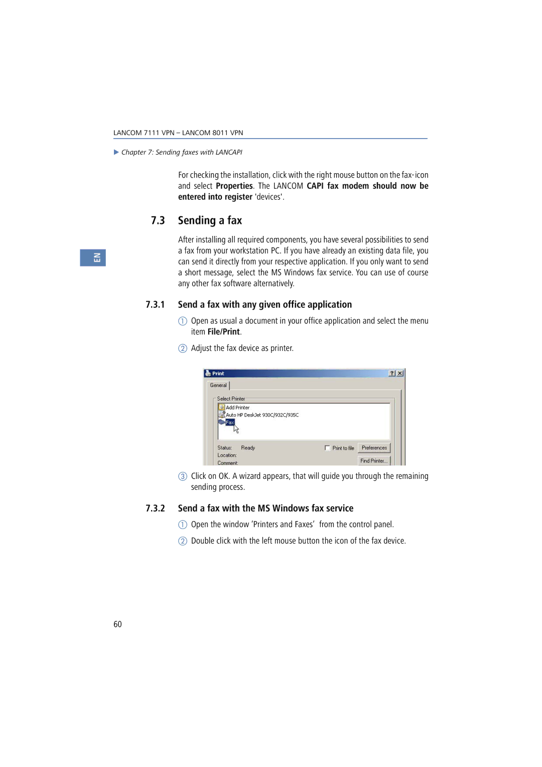 Lancom Systems 8011 VPN, 7111 VPN manual Sending a fax, Send a fax with any given office application 