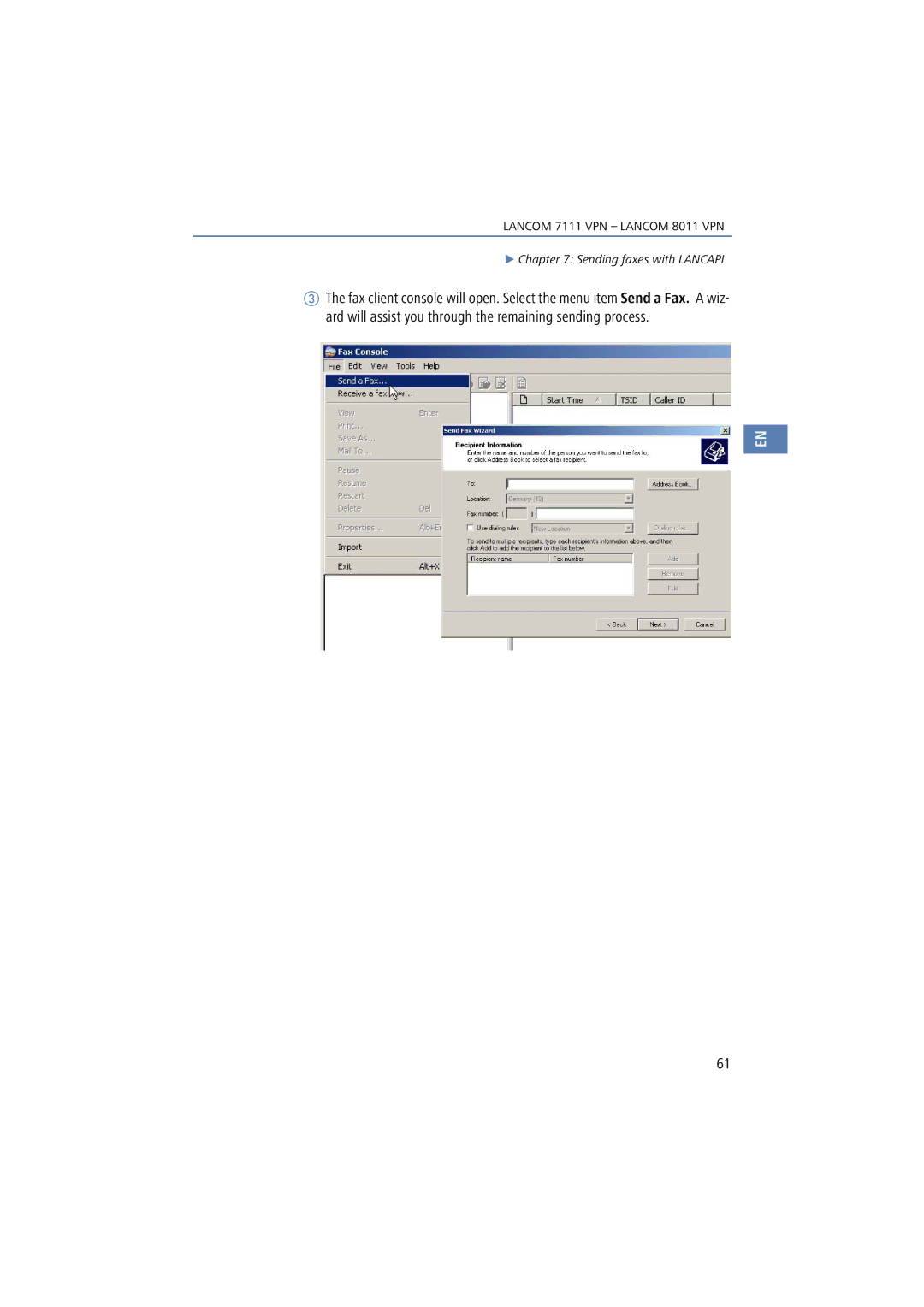 Lancom Systems 7111 VPN, 8011 VPN manual Sending faxes with Lancapi 