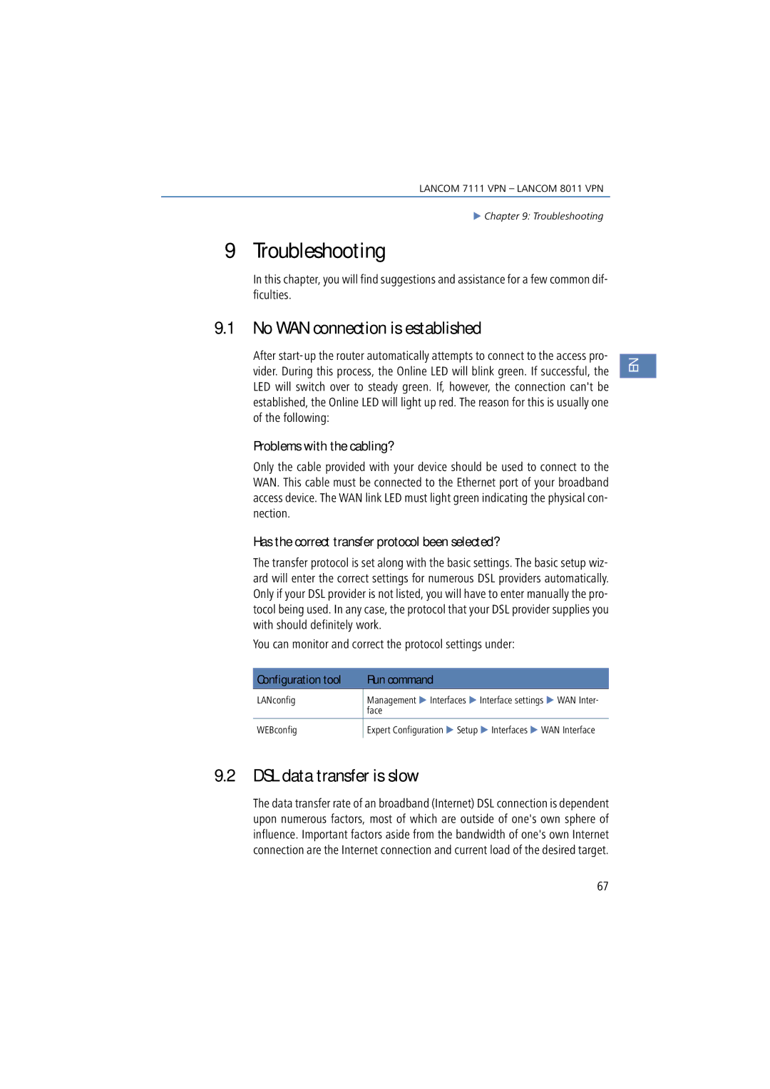 Lancom Systems 7111 VPN, 8011 VPN manual Troubleshooting, No WAN connection is established, DSL data transfer is slow 