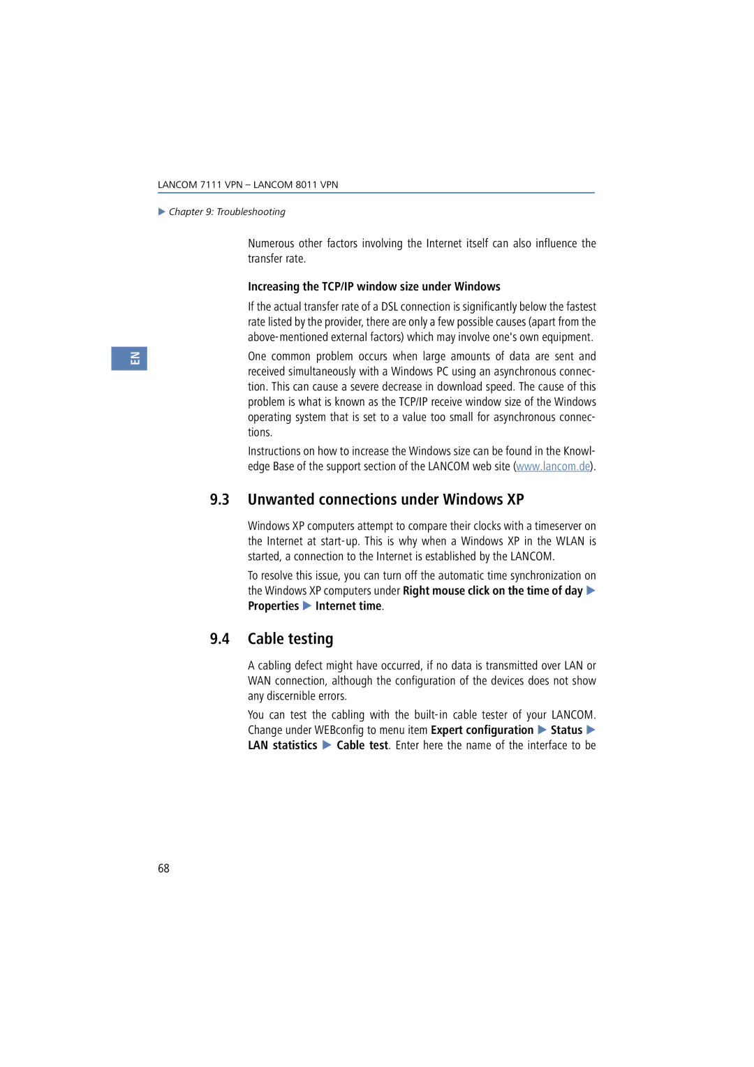 Lancom Systems 8011 VPN, 7111 VPN manual Unwanted connections under Windows XP, Cable testing, LAN statistics 