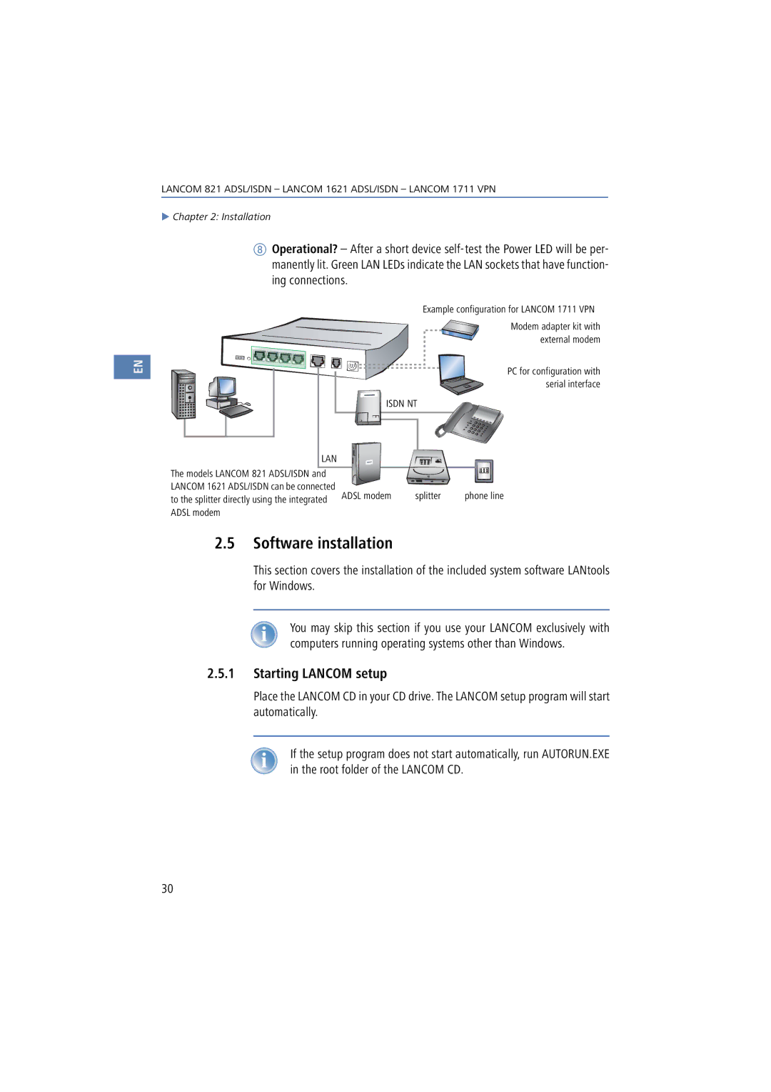 Lancom Systems 821, 1711, 1621 manual Software installation, Starting Lancom setup 