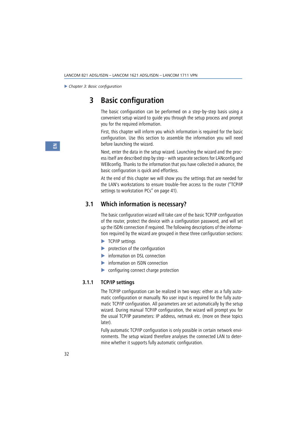 Lancom Systems 1621, 821, 1711 manual Basic configuration, Which information is necessary?, 1 TCP/IP settings 