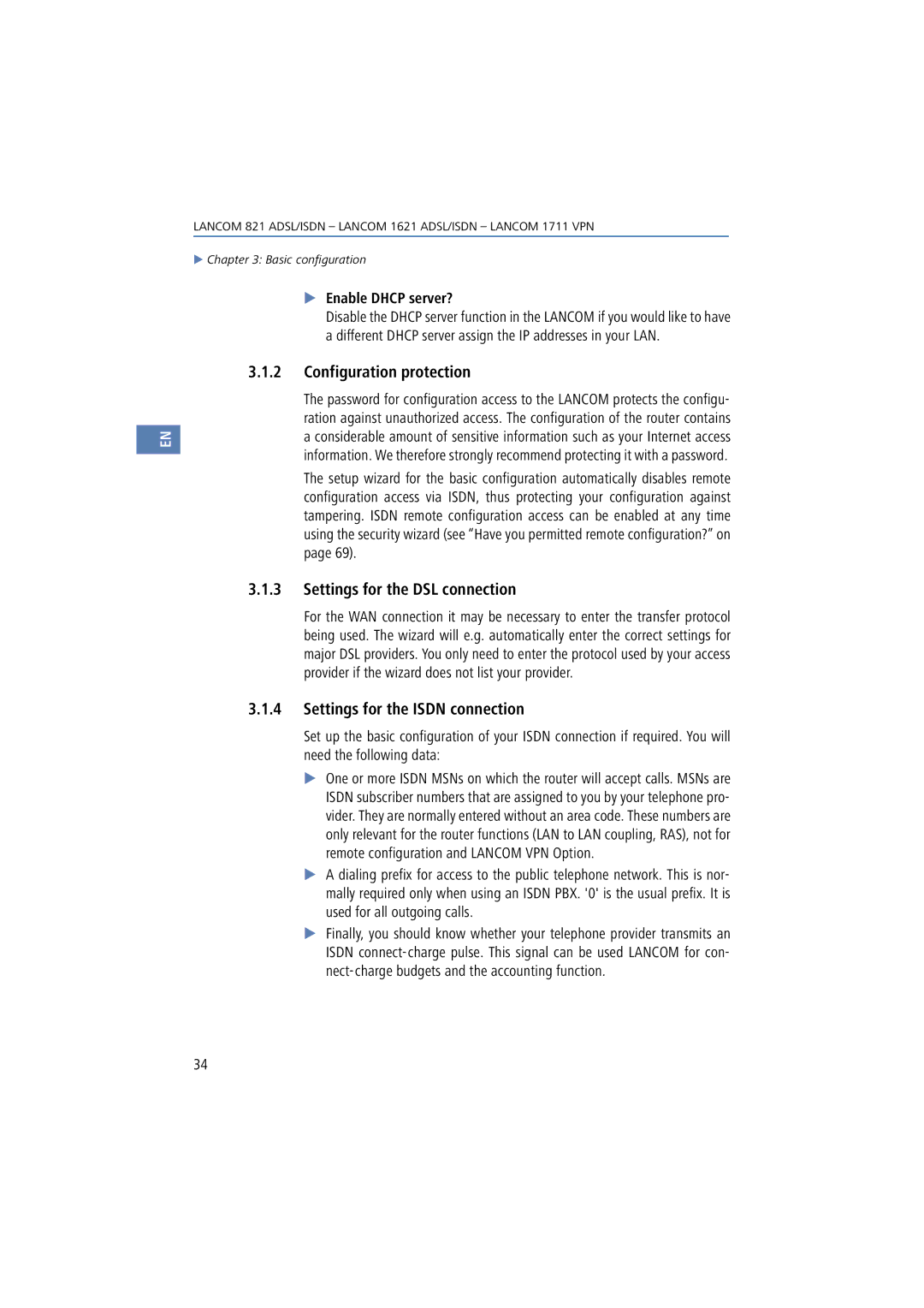 Lancom Systems 1711, 821, 1621 Configuration protection, Settings for the DSL connection, Settings for the Isdn connection 