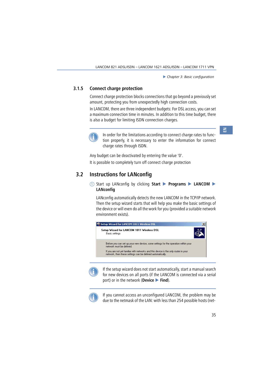 Lancom Systems 1621, 821, 1711 manual Instructions for LANconfig, Connect charge protection 