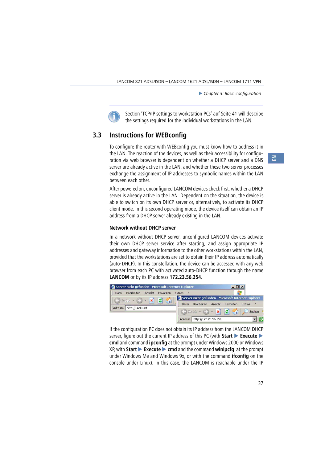 Lancom Systems 1711, 821, 1621 manual Instructions for WEBconfig, Network without Dhcp server 