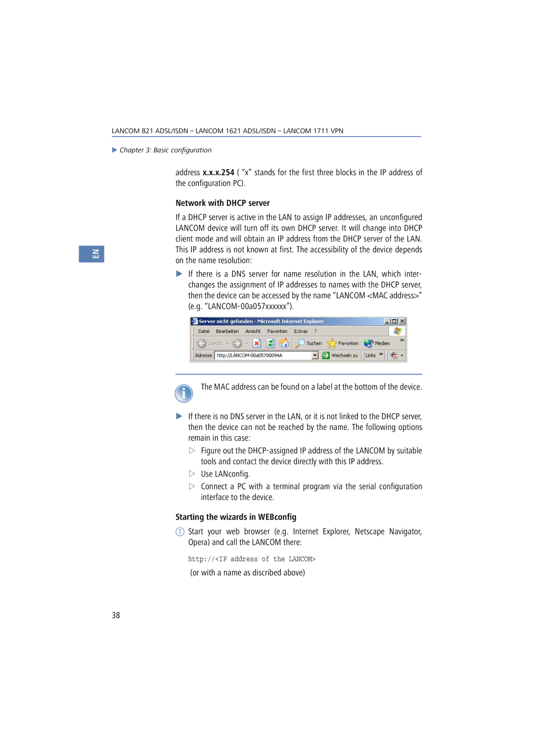 Lancom Systems 1621, 821 Network with Dhcp server, Starting the wizards in WEBconfig, Or with a name as discribed above 