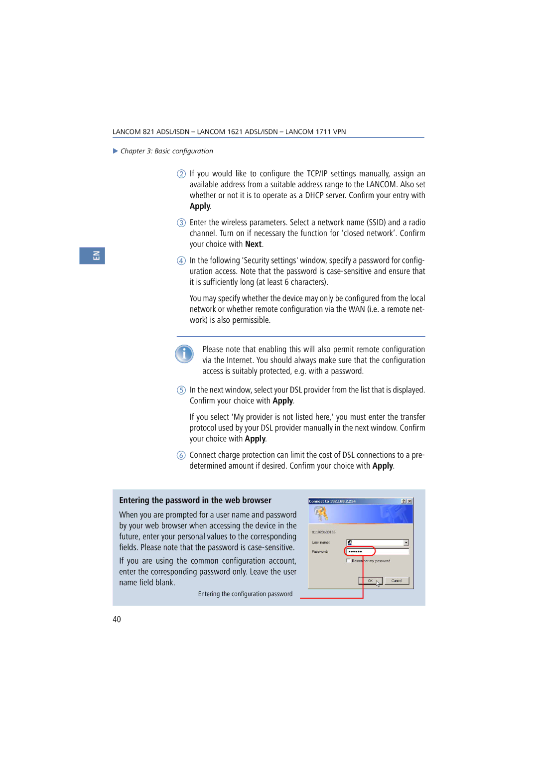 Lancom Systems 1711, 821, 1621 manual Entering the password in the web browser 