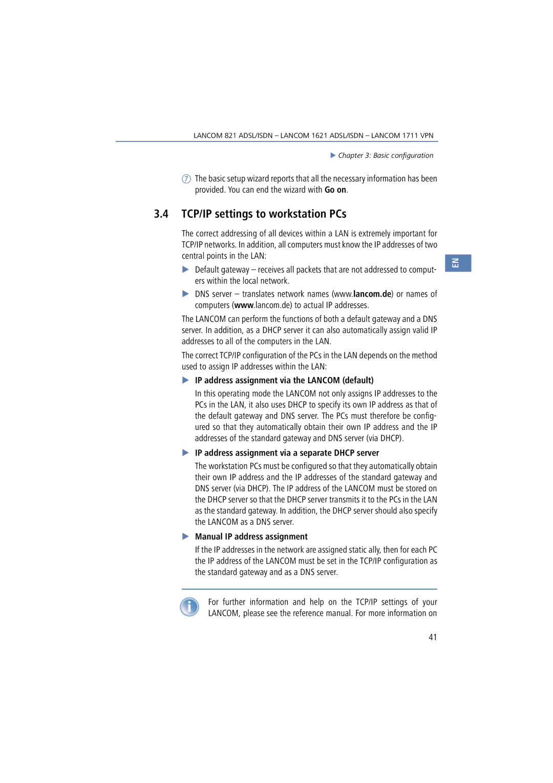 Lancom Systems 1621, 821, 1711 manual TCP/IP settings to workstation PCs, IP address assignment via the Lancom default 