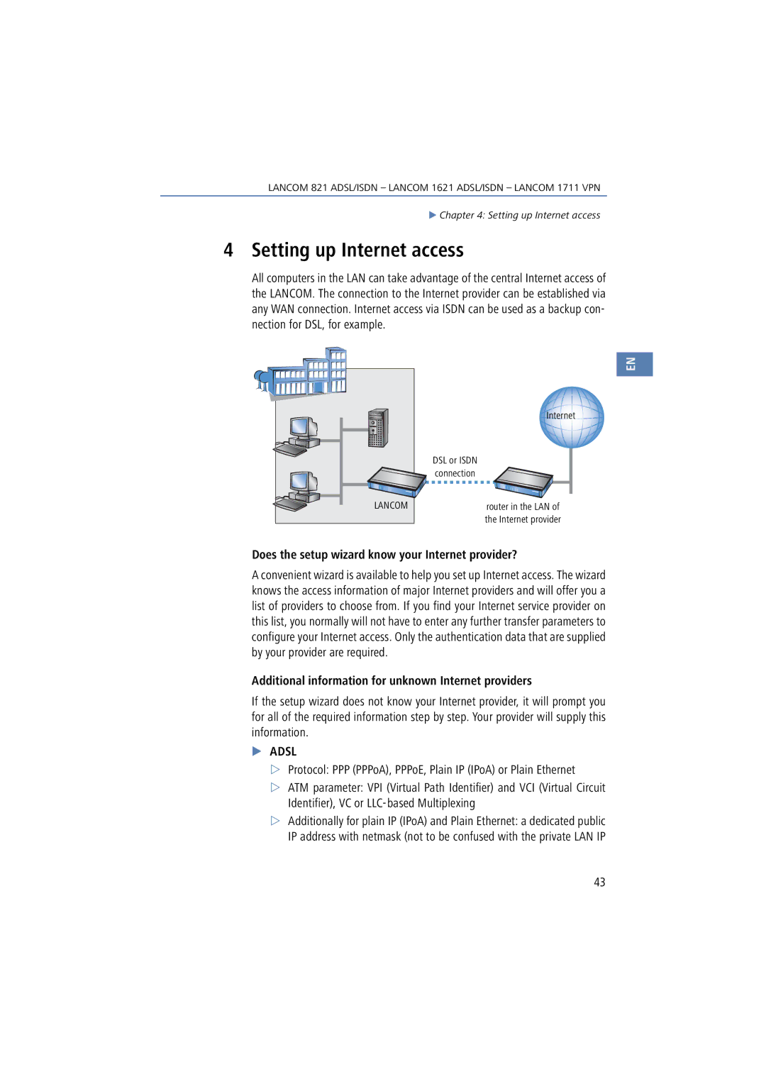 Lancom Systems 1711, 821, 1621 manual Setting up Internet access, Does the setup wizard know your Internet provider? 