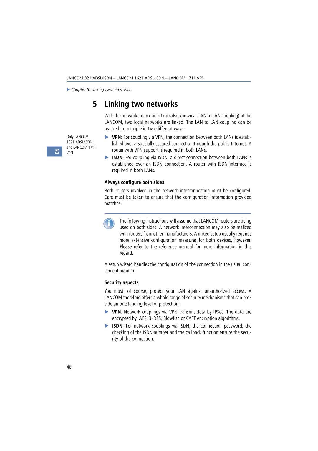 Lancom Systems 1711, 821, 1621 manual Linking two networks, Always configure both sides, Security aspects 