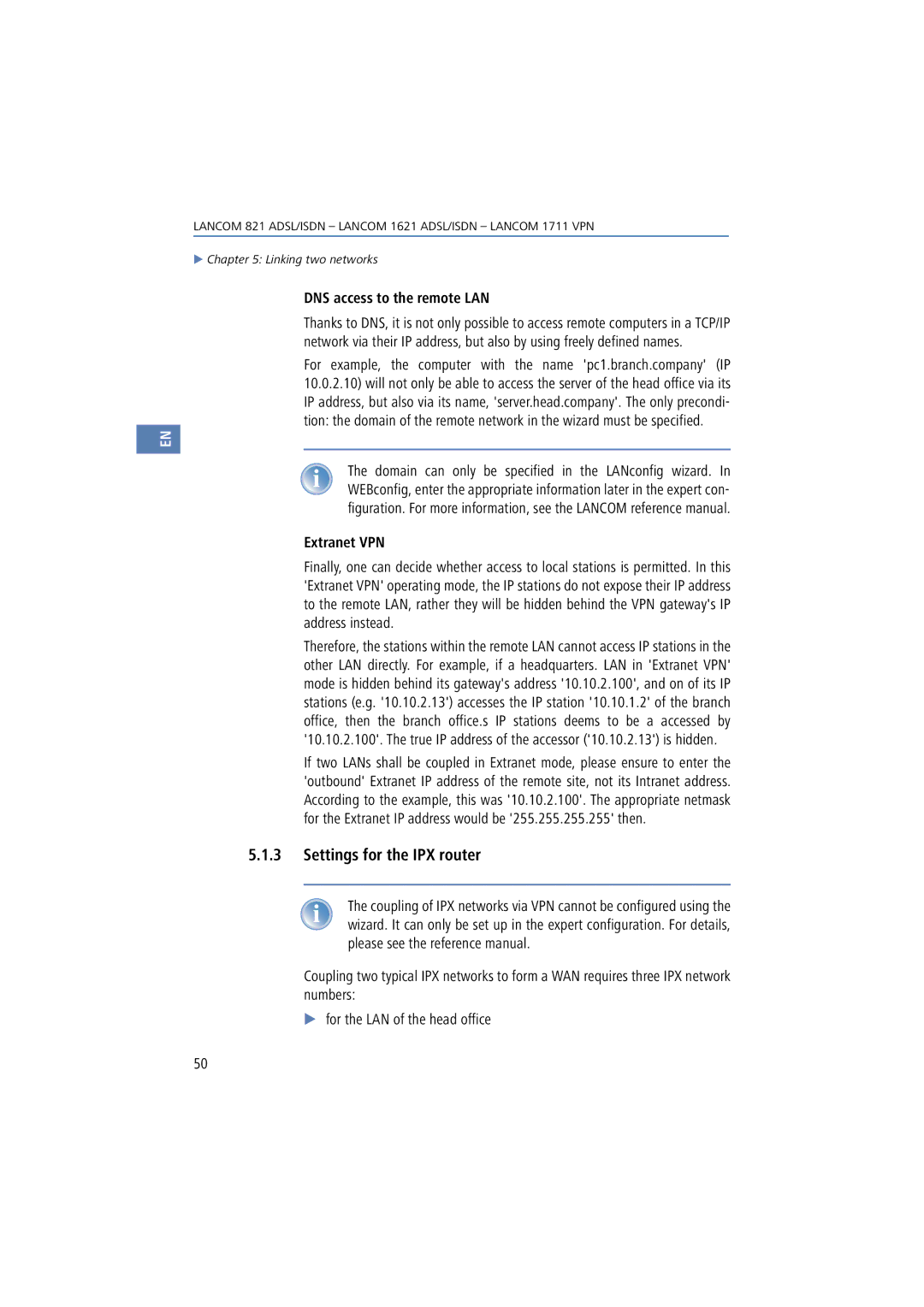 Lancom Systems 1621, 821, 1711 manual Settings for the IPX router, DNS access to the remote LAN, Extranet VPN 