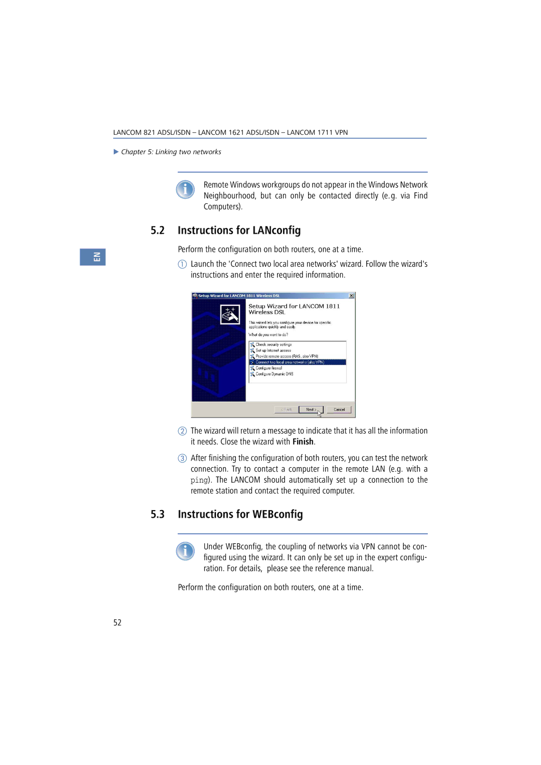 Lancom Systems 1711, 821, 1621 manual Instructions for LANconfig, Perform the configuration on both routers, one at a time 