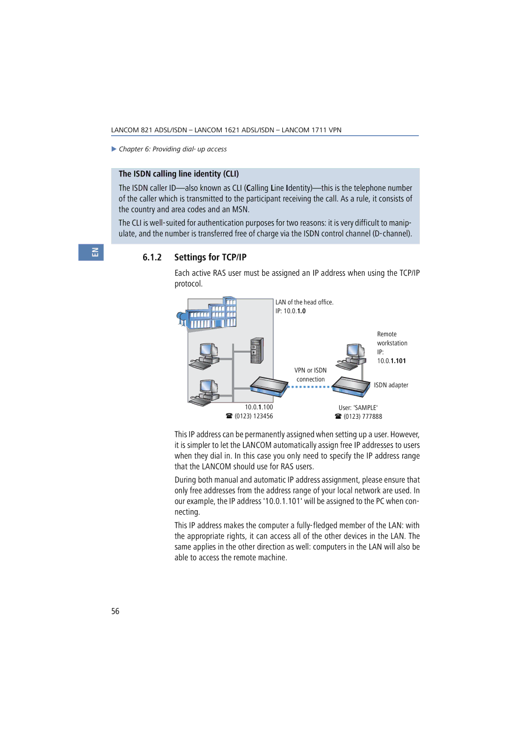 Lancom Systems 1621, 821, 1711 manual Settings for TCP/IP, Isdn calling line identity CLI 