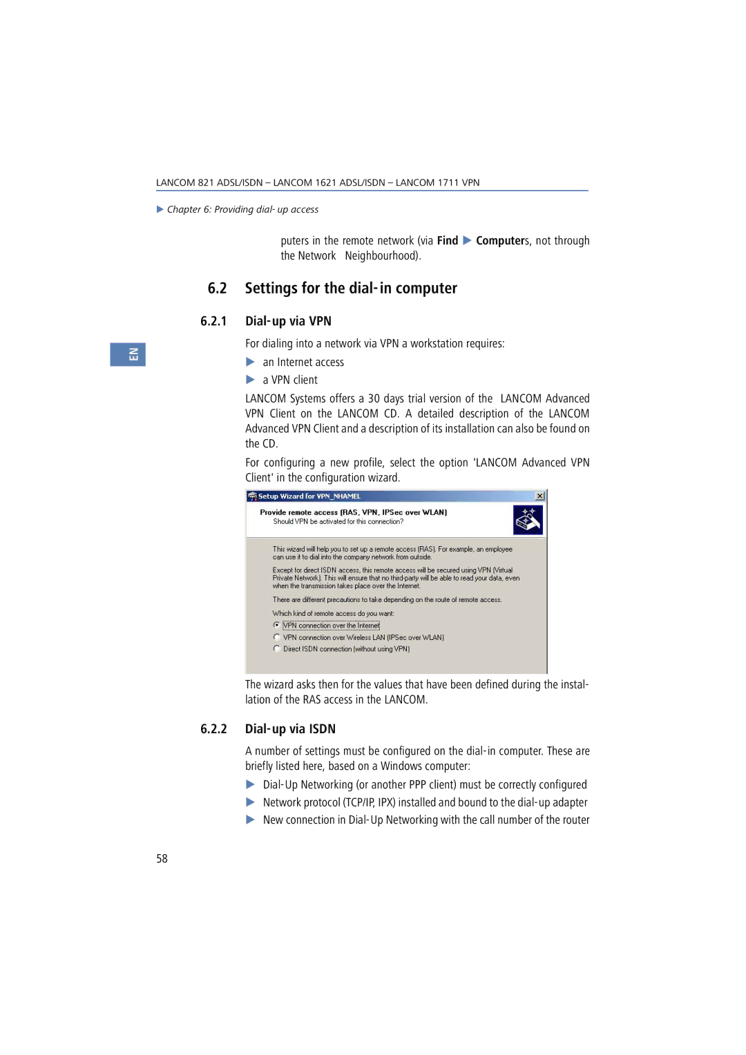 Lancom Systems 1711, 821, 1621 manual Settings for the dial-in computer, Dial-up via VPN, Dial-up via Isdn 