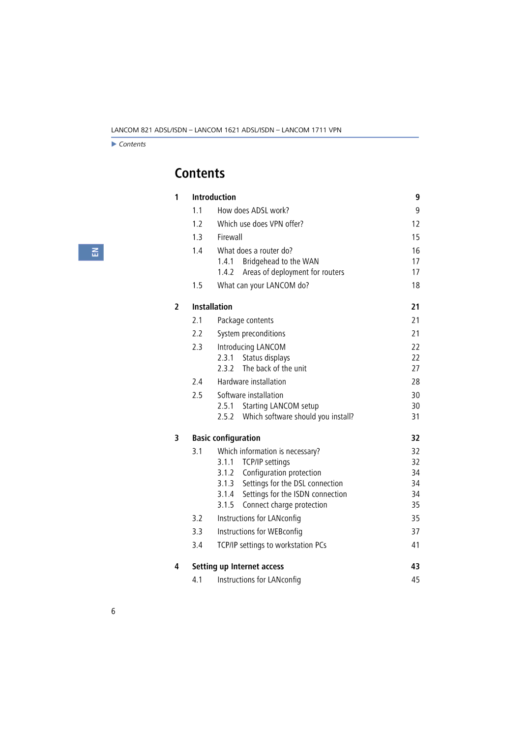 Lancom Systems 821, 1711, 1621 manual Contents 